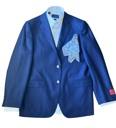The Byron Luxe Sport Coat 8011 by Byron, in French blue, pairs with a light blue patterned dress shirt and a floral pocket square, featuring a distinctive red label on the right sleeve cuff.