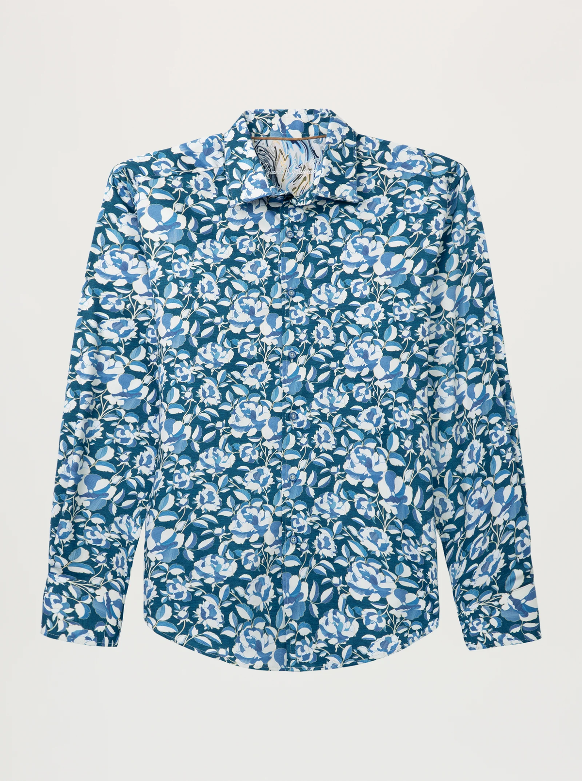 The Robert Graham Euclid Long Sleeve Shirt Big & Tall by Robert Graham features a blue and white floral pattern and is displayed on a plain white background.