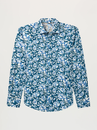 The Robert Graham Euclid Long Sleeve Shirt Big & Tall by Robert Graham features a blue and white floral pattern and is displayed on a plain white background.