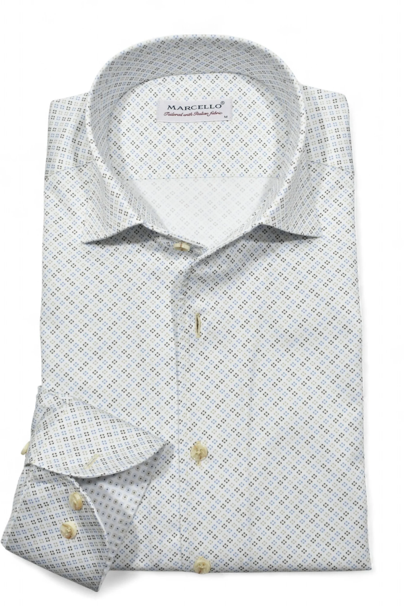 The Marcello OP Colored Bracket Medallion Sport Shirt W104 is a folded long-sleeve cotton sateen shirt in light blue and tan with a small geometric pattern, cream buttons, and a one-piece collar.