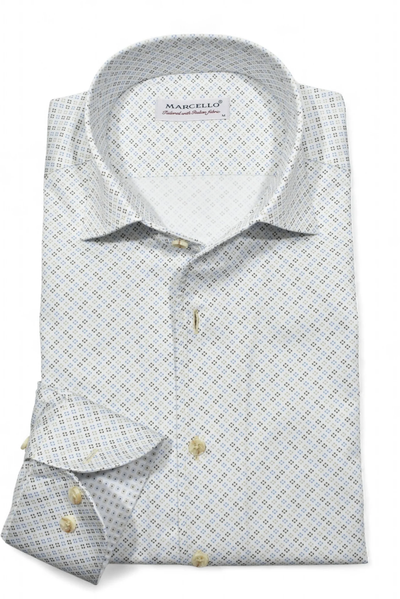 The Marcello OP Colored Bracket Medallion Sport Shirt W104 is a folded long-sleeve cotton sateen shirt in light blue and tan with a small geometric pattern, cream buttons, and a one-piece collar.