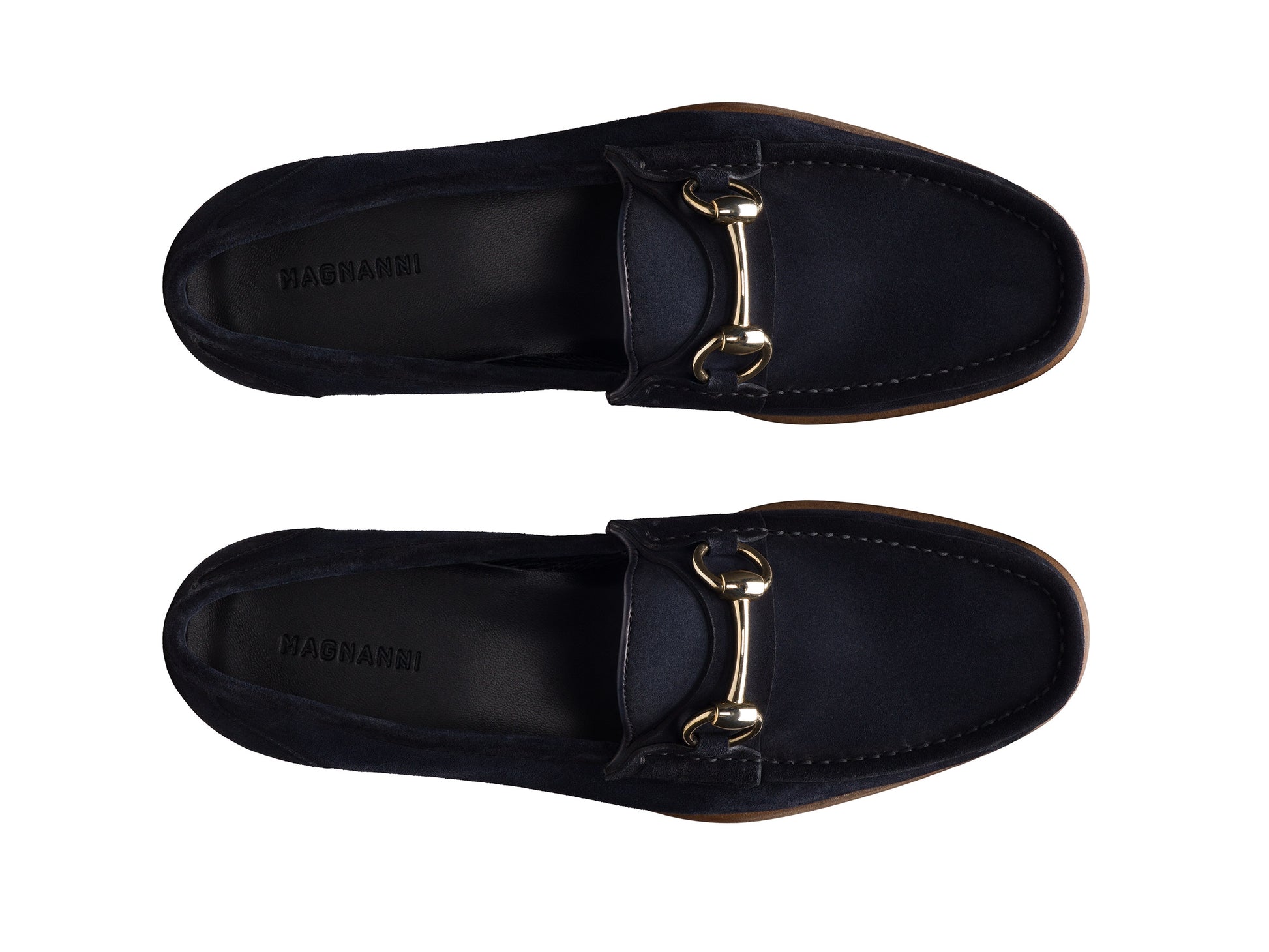 The Magnanni Giancarlo Moc Toe Bit Loafer by Magnanni is shown from above on a white background, featuring black suede, metal bit detailing on the front, and hand-stitched accents.