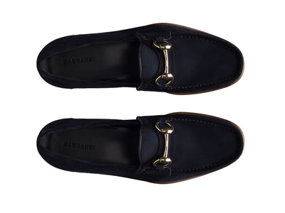 The Magnanni Giancarlo Moc Toe Bit Loafer by Magnanni is shown from above on a white background, featuring black suede, metal bit detailing on the front, and hand-stitched accents.