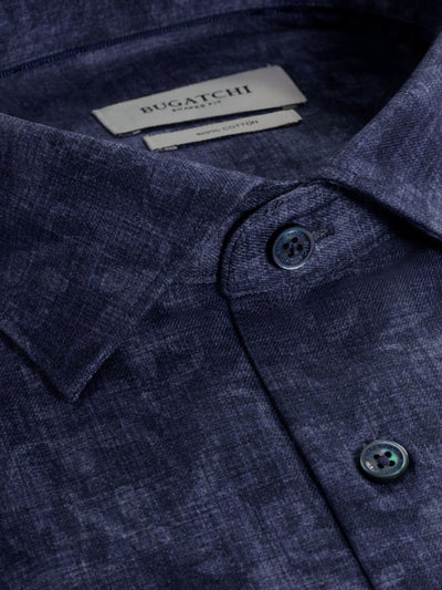 Close-up of the Bugatchi Axel Woven Sport Shirt HS3050L40S in blue, featuring a spread collar, two-button detail, and visible Bugatchi label inside the neckline.