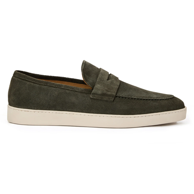 The Bruno Magli Prato Slip On Loafer is a dark green suede loafer with a penny strap and white rubber sole, shown in side profile.