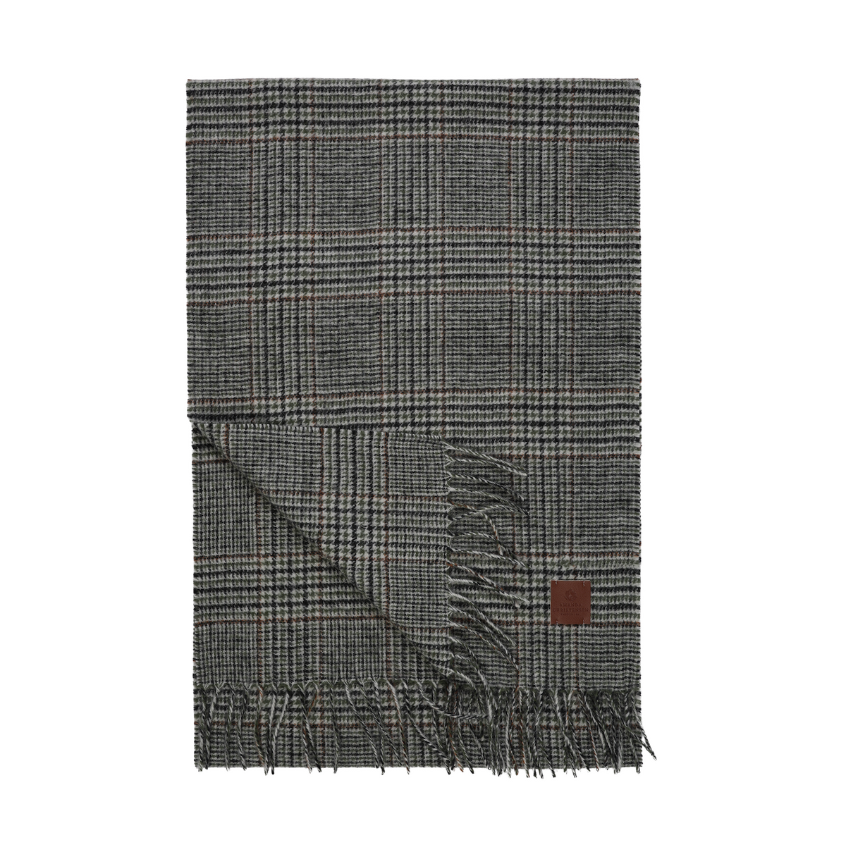 Grey herringbone Amanda Christensen Plaid Wool Melange Scarf 440795 with fringed ends and a small leather logo patch.