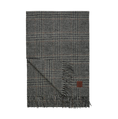 Grey herringbone Amanda Christensen Plaid Wool Melange Scarf 440795 with fringed ends and a small leather logo patch.
