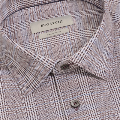 Close-up of the Bugatchi James Plaid Sport Shirt KF9278K60 showcasing a brown and white plaid pattern, a visible Bugatchi brand label, and two buttons—this wrinkle-resistant sport shirt blends comfort with modern style.