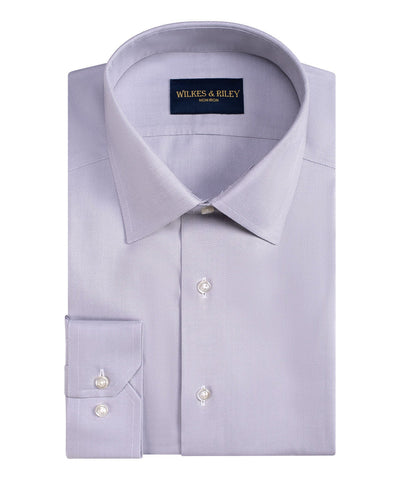 The Wilkes & Riley Queens Tailored B&T dress shirt features light purple non-iron Supima cotton, a pointed collar, button cuffs, and a visible Wilkes & Riley label inside the collar.
