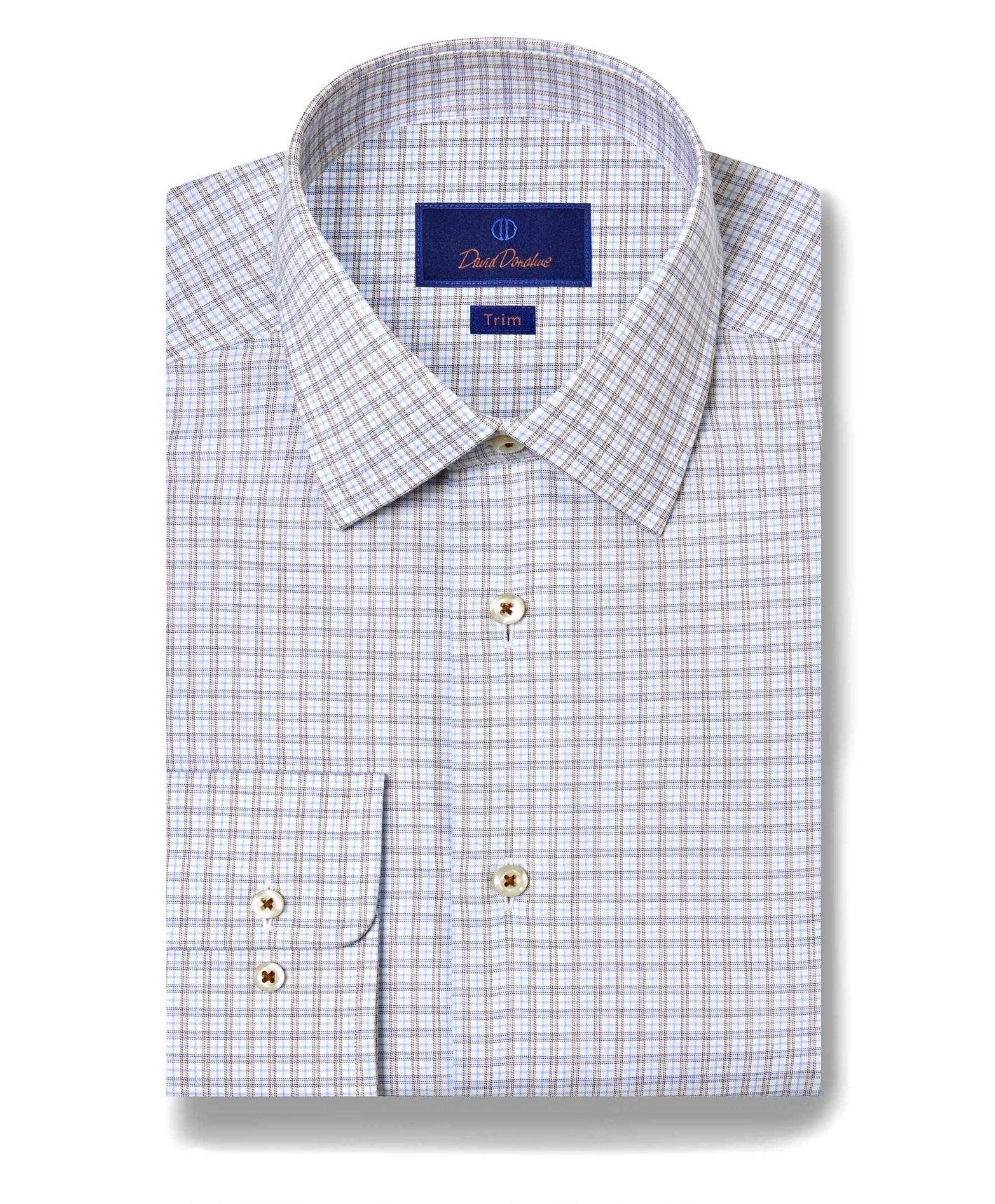 The David Donahue Plaid Dress Shirt TBSP11806 features long sleeves, a front pocket, and a light blue and tan plaid pattern in trim fit for comfort and style.