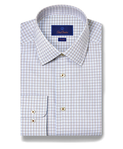 The David Donahue Plaid Dress Shirt TBSP11806 features long sleeves, a front pocket, and a light blue and tan plaid pattern in trim fit for comfort and style.