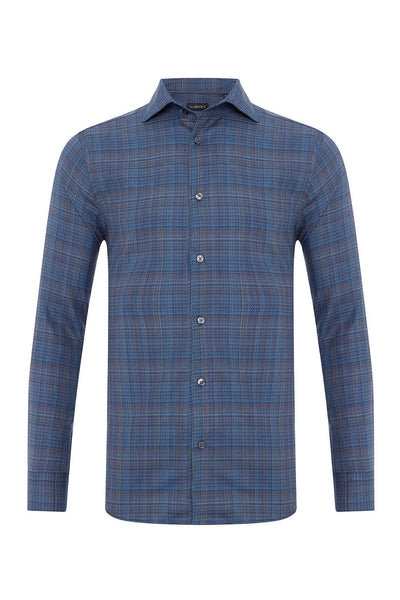 The Garnet Roll Up Collar Shirt Big & Tall 2421009 by Garnet is a cotton, long-sleeve button-up with a blue and brown plaid pattern, displayed on a plain white background.