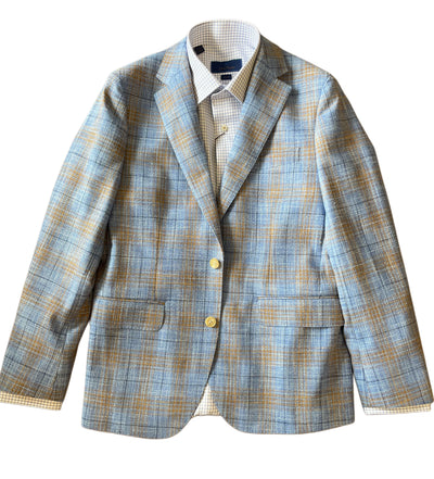 The Paul Betenly Kevin Sport Coat Brown/Blue 2K5165 features a light blue and tan plaid design, two buttons, notch lapels, and front pockets, shown over a checked dress shirt on a white background.