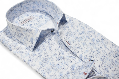The Marcello Sky Abstract Sport Shirt OP W131 is a long-sleeved, white cotton sateen shirt with an abstract blue pattern, button-down front, and a visible Marcello label inside the collar.