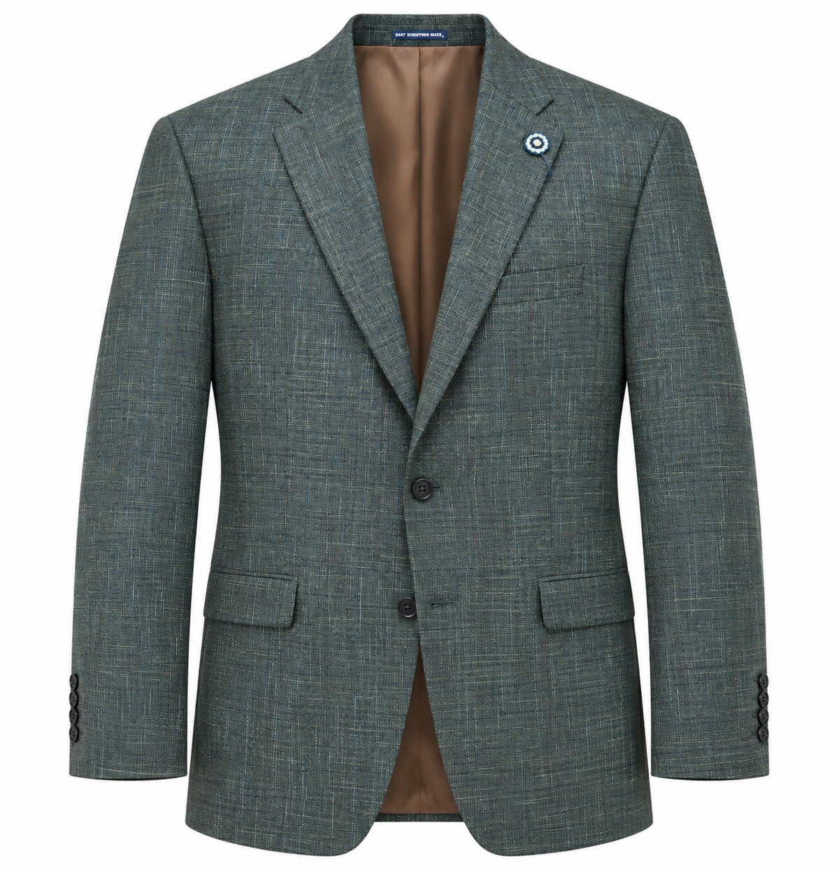 An olive Hart Schaffner Marx Sport Coat (New York Fit 35H0132) is displayed on a plain white background. This blazer features two buttons, flap pockets, and a brown lining, showcasing refined tailoring and premium Italian fabric for an elevated menswear staple.