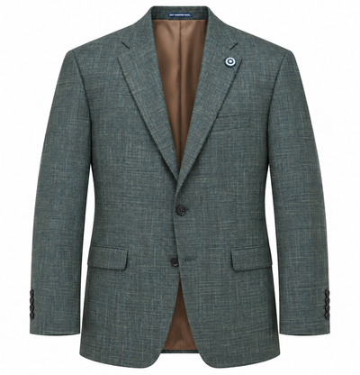 An olive Hart Schaffner Marx Sport Coat (New York Fit 35H0132) is displayed on a plain white background. This blazer features two buttons, flap pockets, and a brown lining, showcasing refined tailoring and premium Italian fabric for an elevated menswear staple.