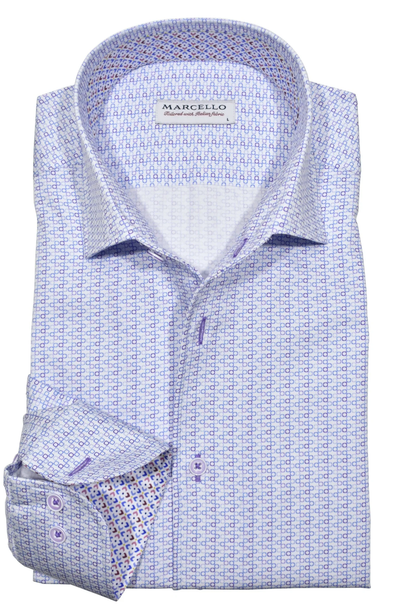 The Marcello W-957R Sky/Lilac Linked Circles is a long-sleeved cotton sateen men's dress shirt featuring a small blue and purple geometric pattern and the Marcello label inside the collar.