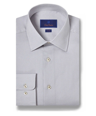 A folded light gray David Donahue Geometric Dot Print Dress Shirt 10010 in 100% cotton features a dotted pattern, buttoned collar, and visible Trim label—ideal for formal occasions.