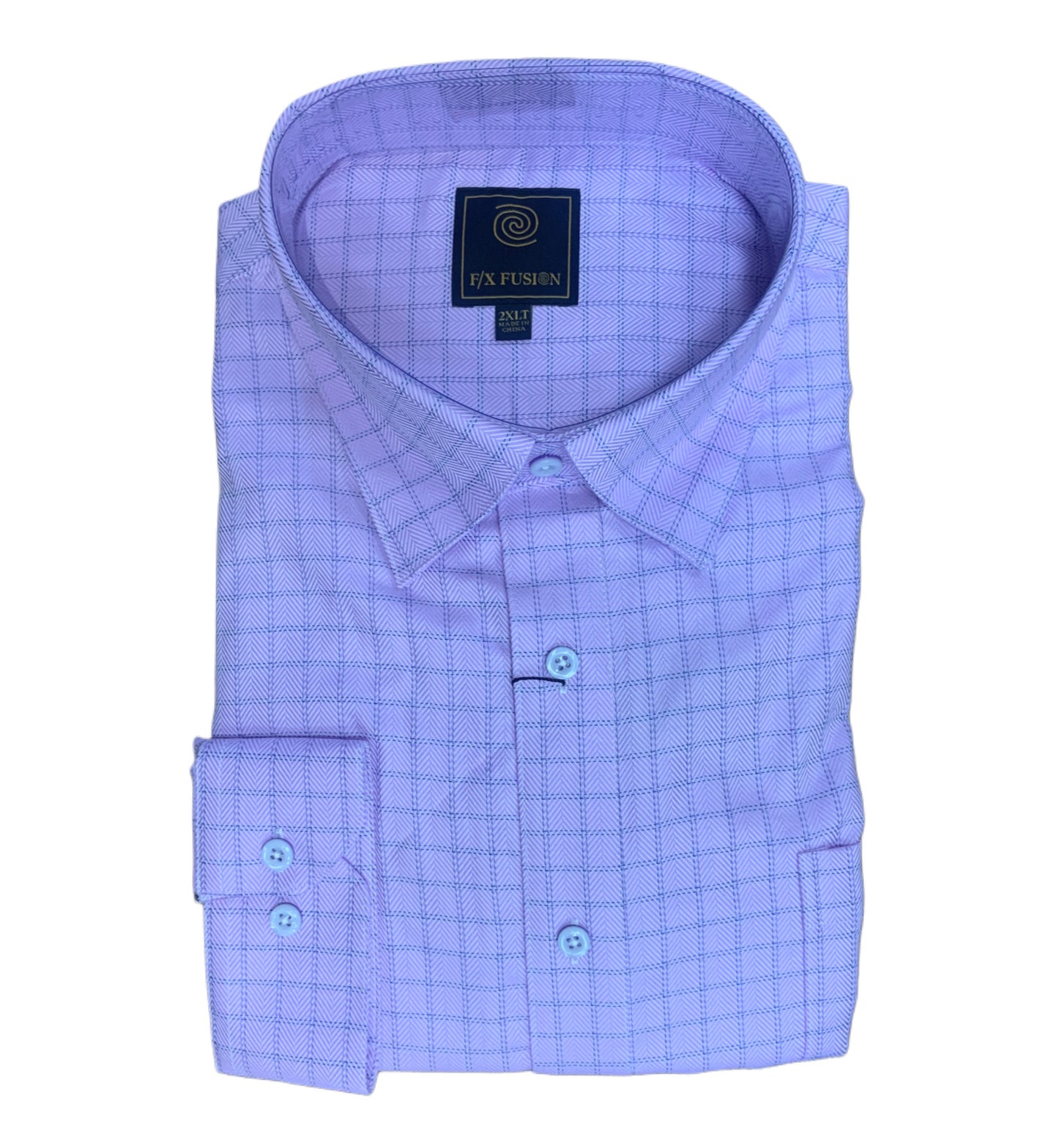 A folded F/X Fusion Big & Tall Men's long-sleeve herringbone shirt with a tailored fit, in light purple with blue grid pattern and blue buttons, featuring the F/X Fusion label on the collar.