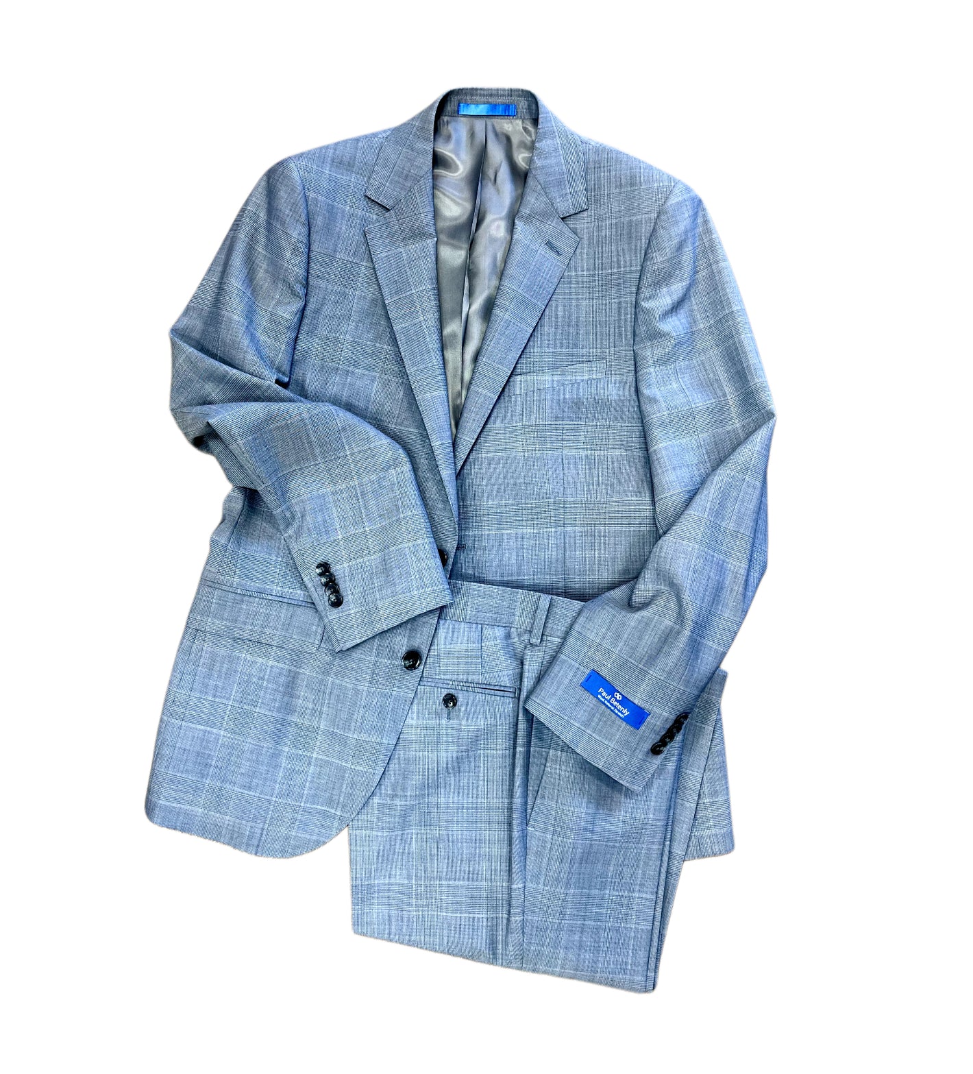 The Paul Betenly Slim Suit Grey 1D5105 by Paul Betenly features a light gray plaid design, with jacket and matching trousers laid flat on a white background for a modern, breathable suit option.