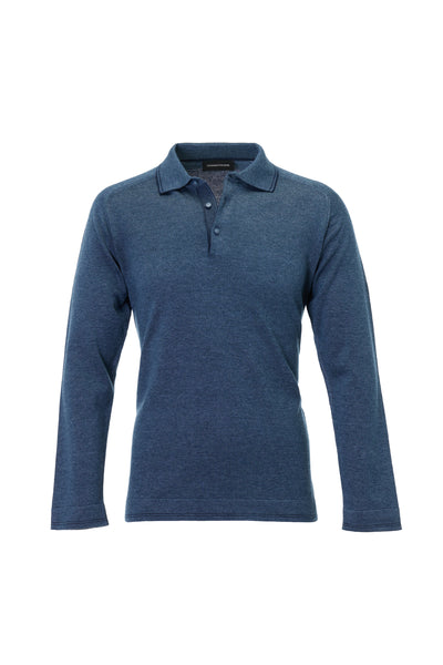 Luciano Visconti Dual-Tone Sartorial Melange Polo Shirt YSWTBP55: a long-sleeved blue polo in an Italian-inspired dual-tone melange knit, featuring a three-button placket and textured fabric.