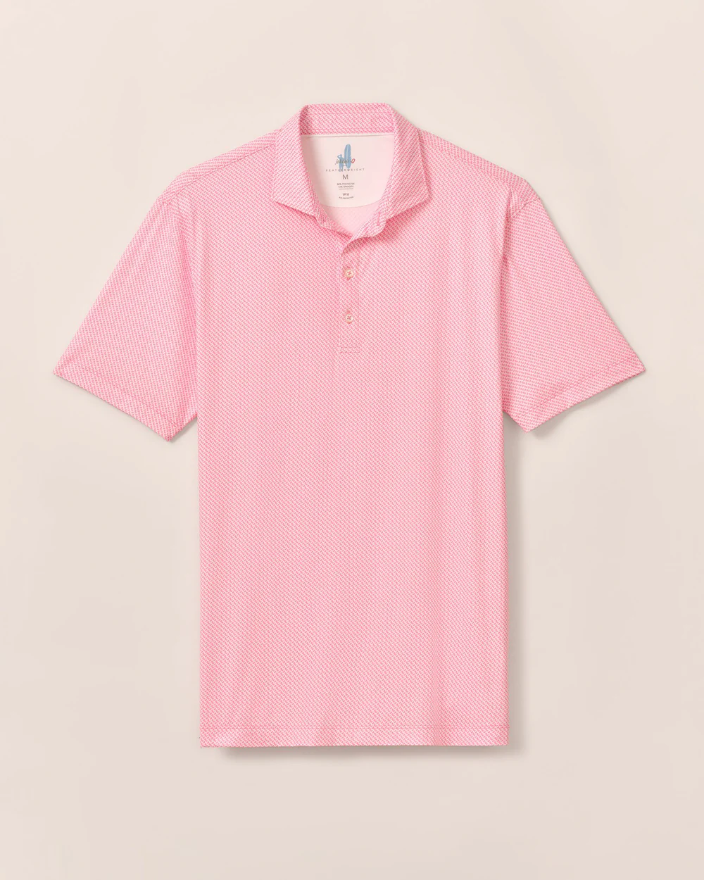 The Johnnie-O Performance Polo - Wesson is a short-sleeved, light pink and white patterned polo with a collar and three buttons from Johnnie-O, shown on a beige background.