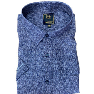The F/X Fusion Big & Tall Men's Short Sleeve Shirt (FW2272) features a textured blue linen fabric and a visible brand label inside the collar.