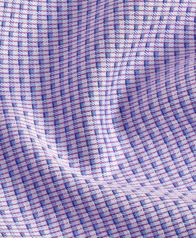 Close-up of the David Donahue Stripe Chk Shirt TBSP11002, showcasing its textured Oxford weave fabric with a purple and blue grid pattern, visible woven fibers, and smooth folds—a signature look from David Donahue.