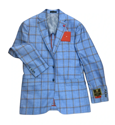 The TailoRed Glacomo Sport Coat 8160427 features a light blue wool-silk-linen blend with red and gray check, notched lapel, two buttons, and tags attached to the sleeve and buttonhole.