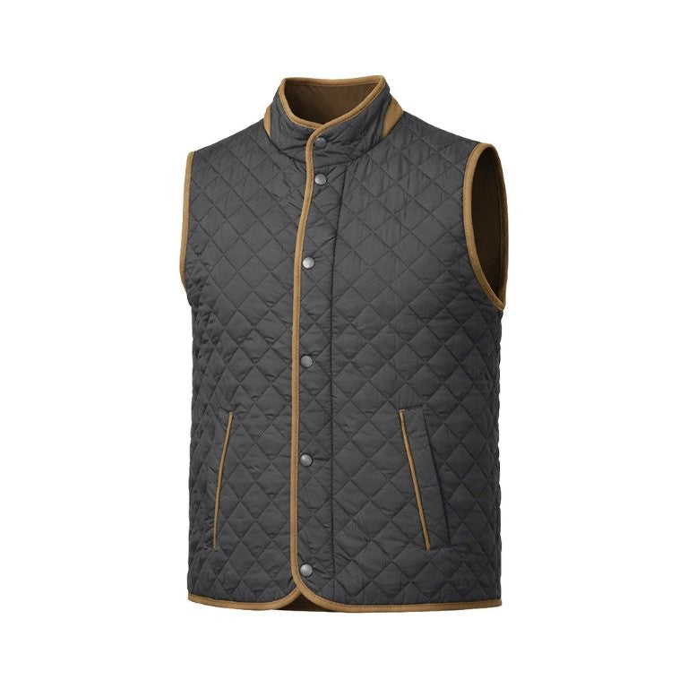 The F/X Fusion Upland Quilted Vest Big & Tall 13009 by F/X Fusion is a dark gray, lightweight sleeveless vest featuring tan trim, snap buttons, and two front pockets. Displayed on a plain white background, this versatile men’s layering vest is perfect for any occasion.