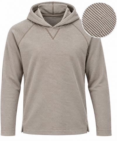 The Johnnie-O Cotton Knit Hoodie Big & Tall by Johnnie-O features light brown long sleeves and a V-stitch at the collar, crafted from moisture-wicking fabric to ensure all-day comfort; a close-up inset highlights the ribbed texture of the material.
