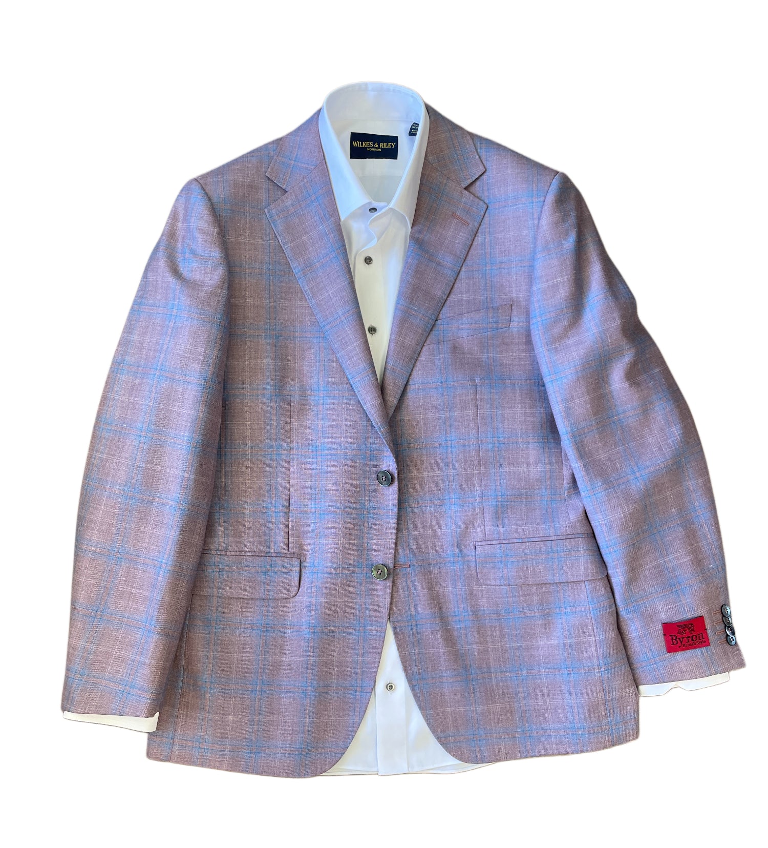 The Byron Contemporary Sport Coat 6674A by Byron, in pink and blue plaid Italian fabric, is styled with a white dress shirt and displayed flat on a white background for a modern fit aesthetic.