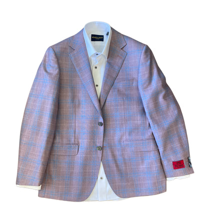 The Byron Contemporary Sport Coat 6674A by Byron, in pink and blue plaid Italian fabric, is styled with a white dress shirt and displayed flat on a white background for a modern fit aesthetic.