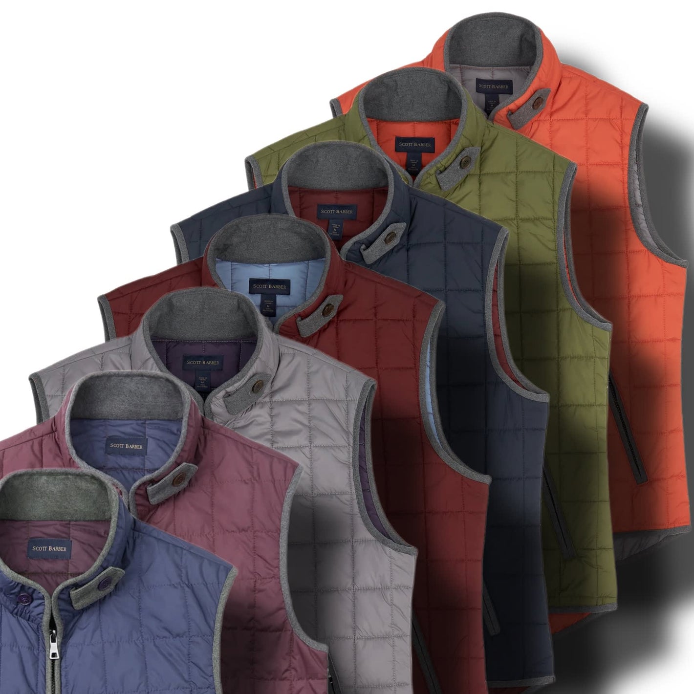 Seven Scott Barber Quilted Vests in Army color, size X-Large, are displayed overlapping in a staggered arrangement.