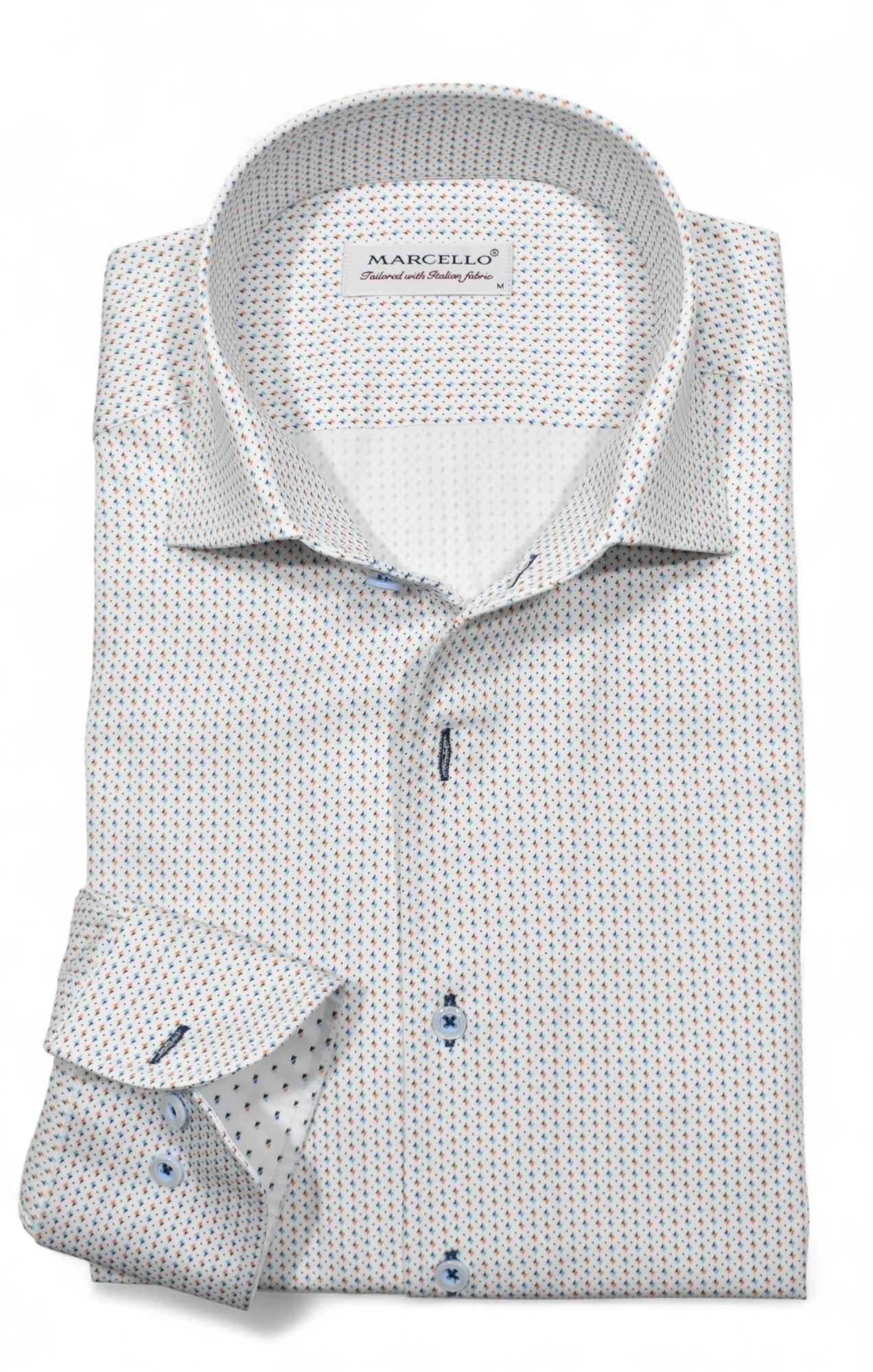 The Marcello Cane Diamond Geo Sport Shirt OP W144 features premium white cotton with a red and blue diamond geo dot pattern, blue buttons, long sleeves, and a signature Marcello one-piece collar label inside.