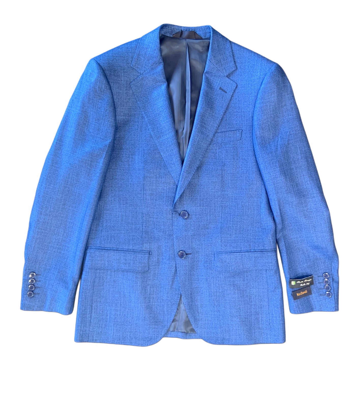 The Baroni Max Davoli 102/20 Sport Coat is a light blue men's suit jacket with two buttons, three front pockets, and buttoned cuffs, shown on a white background.