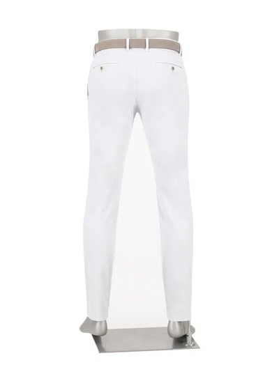 Back view of Alberto Pipe 1582 Color Denim Big & Tall trousers by Alberto, shown on a mannequin with back pockets and a beige belt.