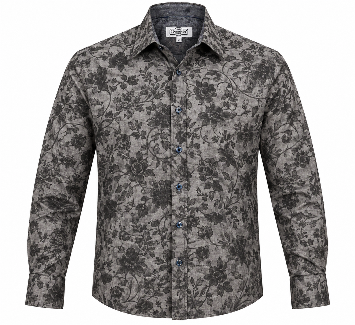 7 Downie St. Floral Long Sleeve Sport Shirt Big & Tall features a black and gray floral print, blue buttons, and classic collar, shown on a white background.