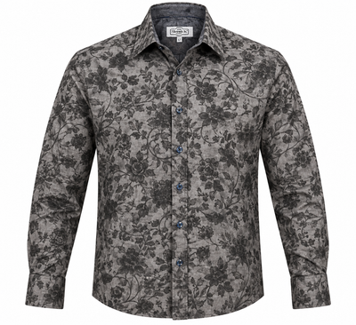 7 Downie St. Floral Long Sleeve Sport Shirt Big & Tall features a black and gray floral print, blue buttons, and classic collar, shown on a white background.