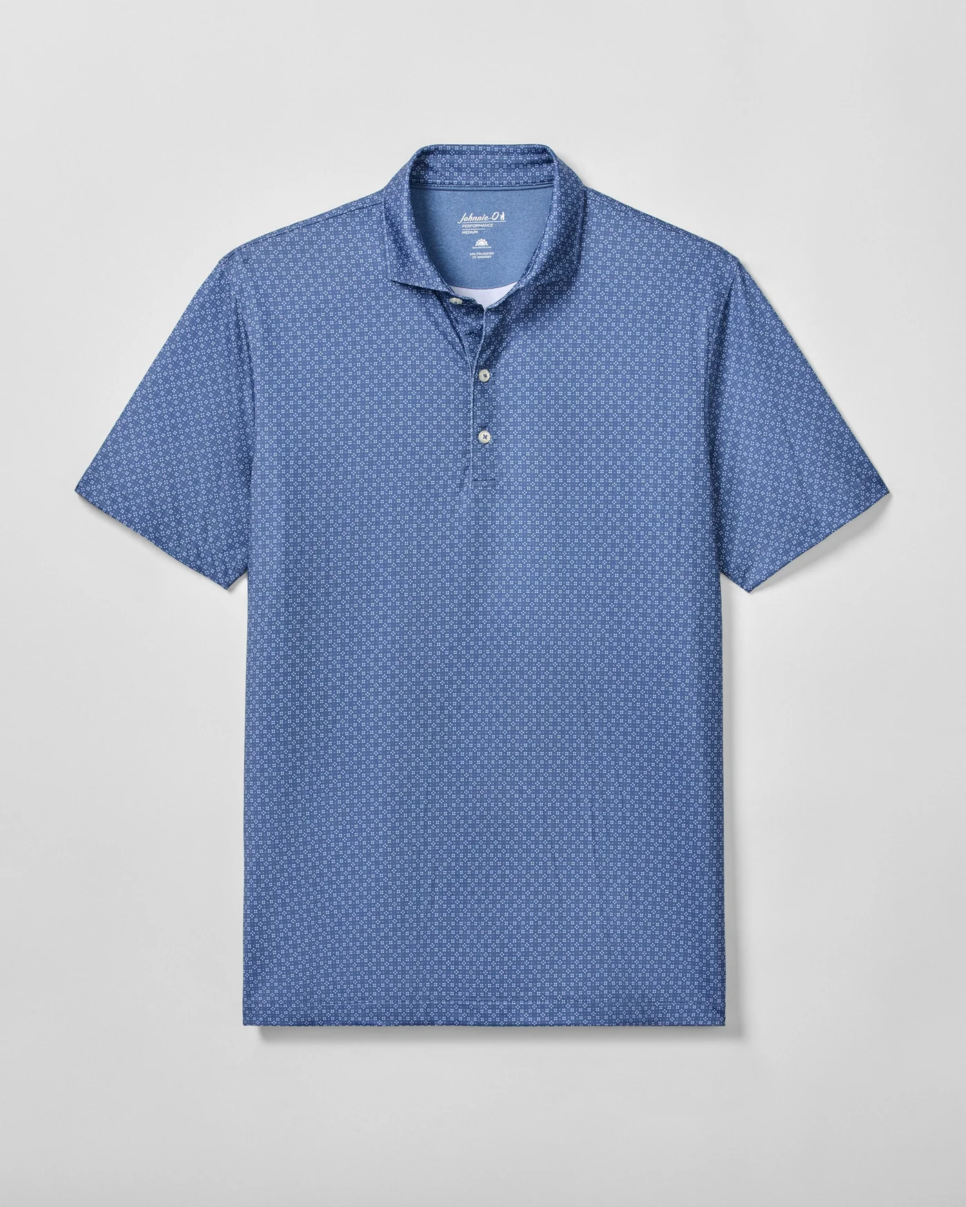 The Johnnie-O Torres Performance Big & Tall Polo, a blue patterned short-sleeve collared shirt with three buttons, is displayed laid flat against a plain background.