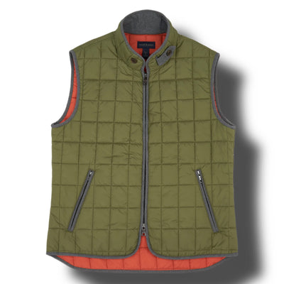 The Scott Barber Quilted Vest Army in X-Large features an olive green quilted design, orange inner lining, front zipper, and two zippered pockets, shown flat on a white background.