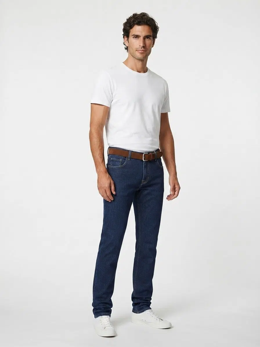 A man stands against a plain background, wearing a white t-shirt, Alberto Bill 1463 Raw Denim jeans by Alberto in a modern fit style, complemented by a brown belt and white sneakers.
