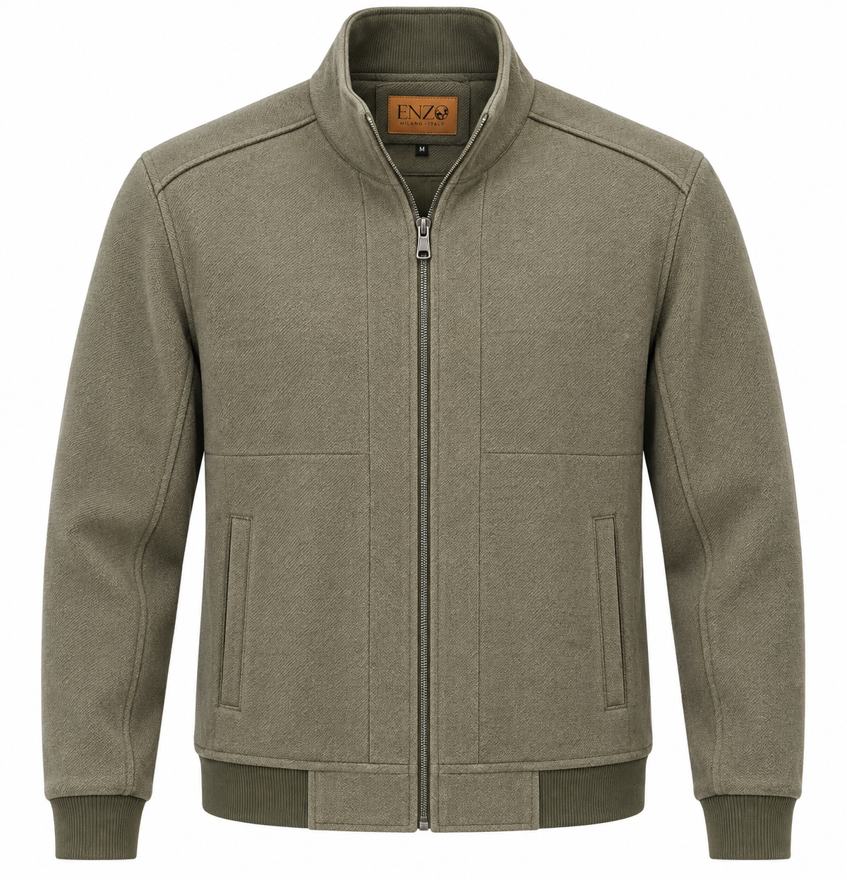 The Enzo Oliver Seam Detailed Jacket by Enzo is an olive green zip-up featuring a stand collar, two front pockets, and ribbed cuffs and hem. Crafted with 8-way stretch fabric for exceptional comfort and movement, this wrinkle-resistant jacket is displayed against a white background.