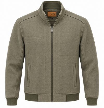 The Enzo Oliver Seam Detailed Jacket by Enzo is an olive green zip-up featuring a stand collar, two front pockets, and ribbed cuffs and hem. Crafted with 8-way stretch fabric for exceptional comfort and movement, this wrinkle-resistant jacket is displayed against a white background.