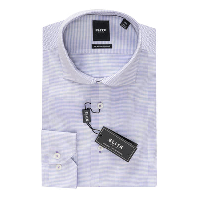 The Elite Dress Shirt E-2562005 by Elite features a light purple checkered 100% cotton fabric, contemporary fit, and is neatly folded with a black brand tag, displayed against a white background.