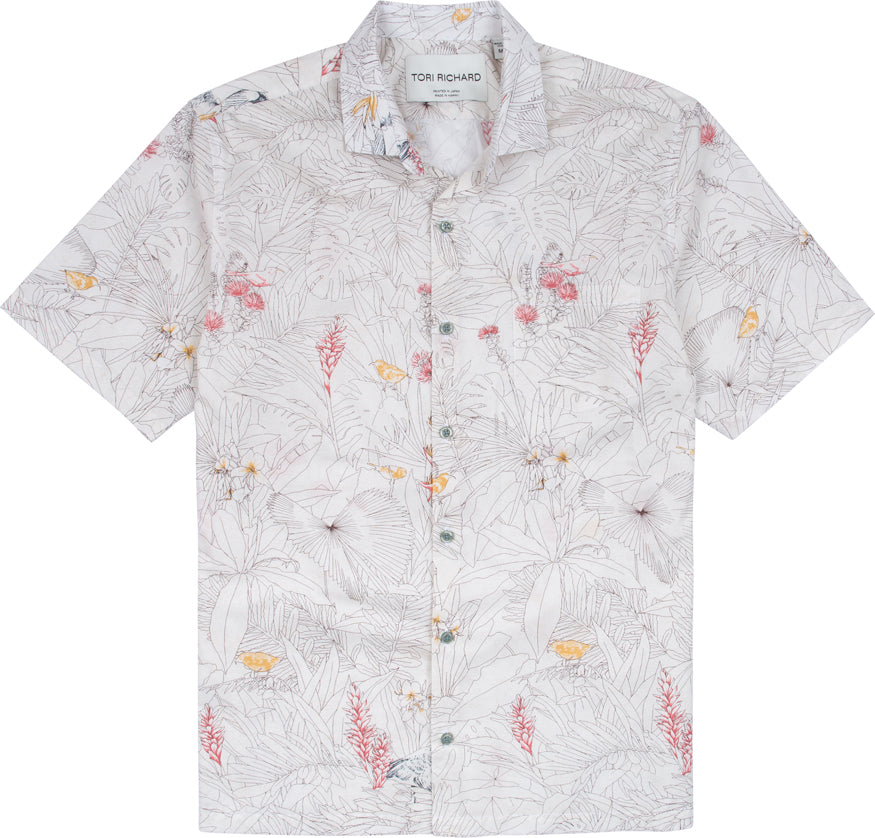 The Tori Richard Printed Cotton Manu Garden Shirt 1956M0354 is a short-sleeve button-up with a light gray base and a subtle botanical print in muted red, yellow, and gray tones.