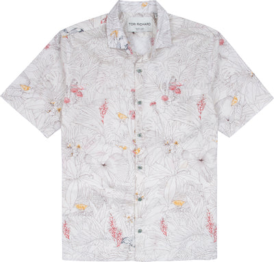 The Tori Richard Printed Cotton Manu Garden Shirt 1956M0354 is a short-sleeve button-up with a light gray base and a subtle botanical print in muted red, yellow, and gray tones.
