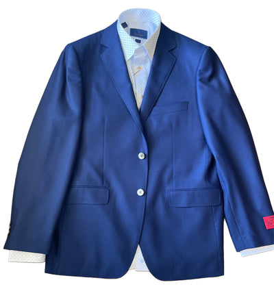 The Byron Luxe Sport Coat 8011 by Byron, in French blue with white buttons, is displayed over a white patterned dress shirt, both set against a white background.