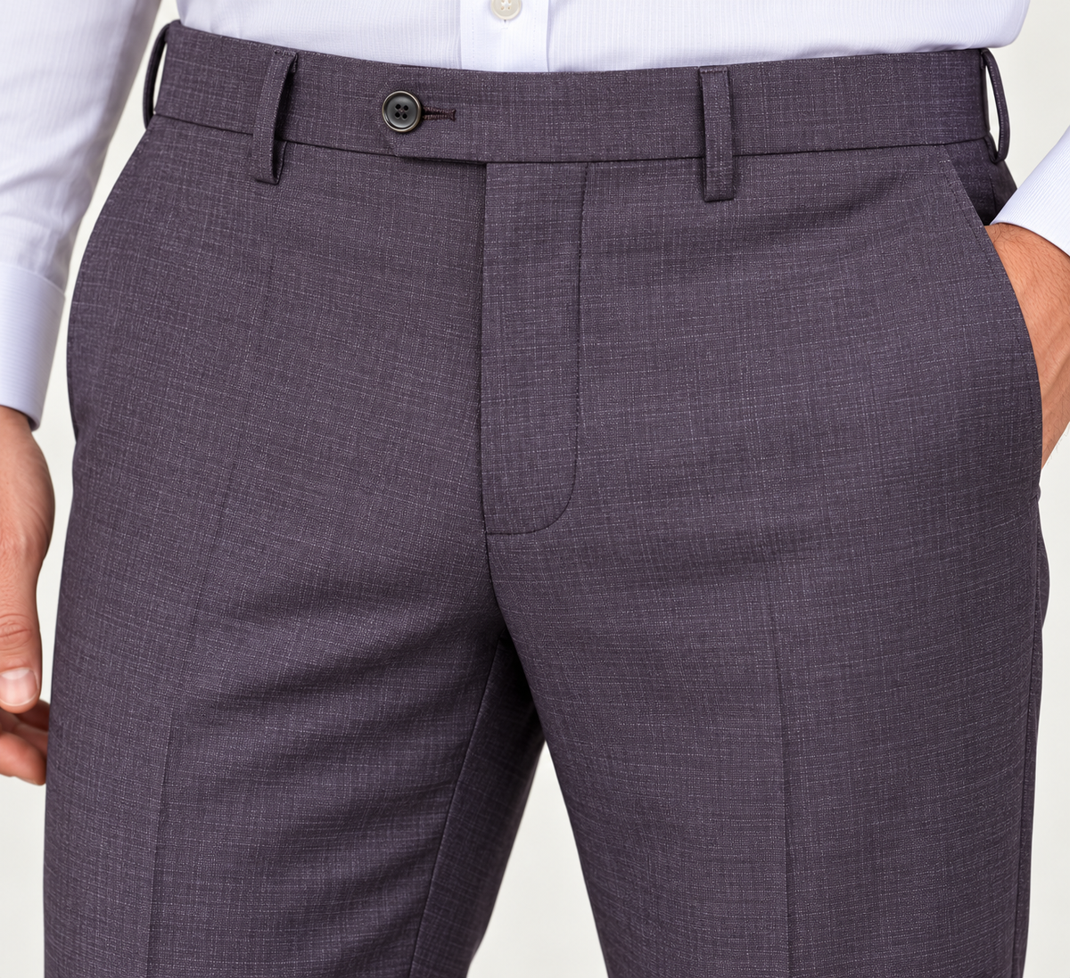 Plum-colored Jack Victor Napoli Suit Plum 3262603 trousers worn with a white button-down shirt.