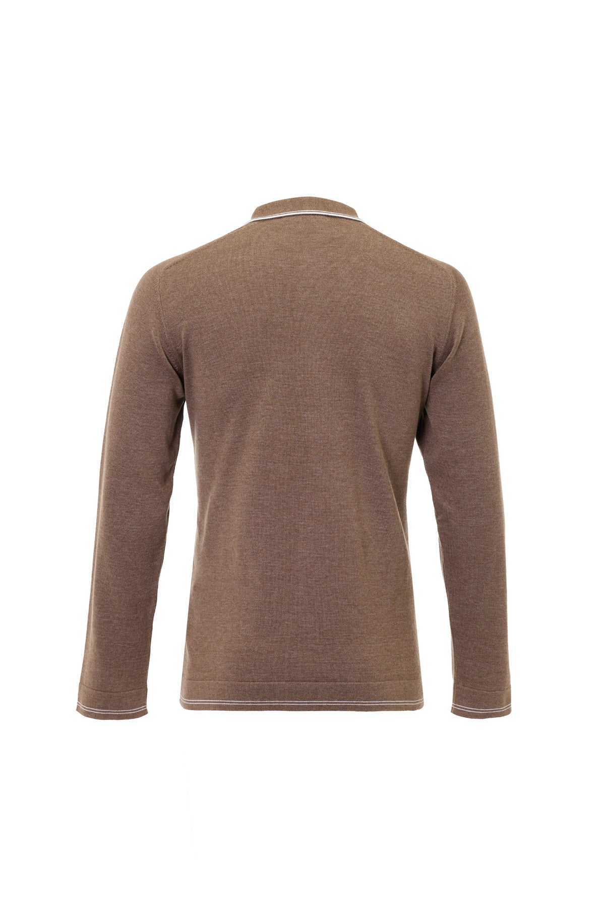 Back view of the Luciano Visconti Dual-Tone Sartorial Melange Polo Shirt YSWTBP55, a long-sleeve, brown dual-tone melange polo shirt with thin white trim on the collar and cuffs.